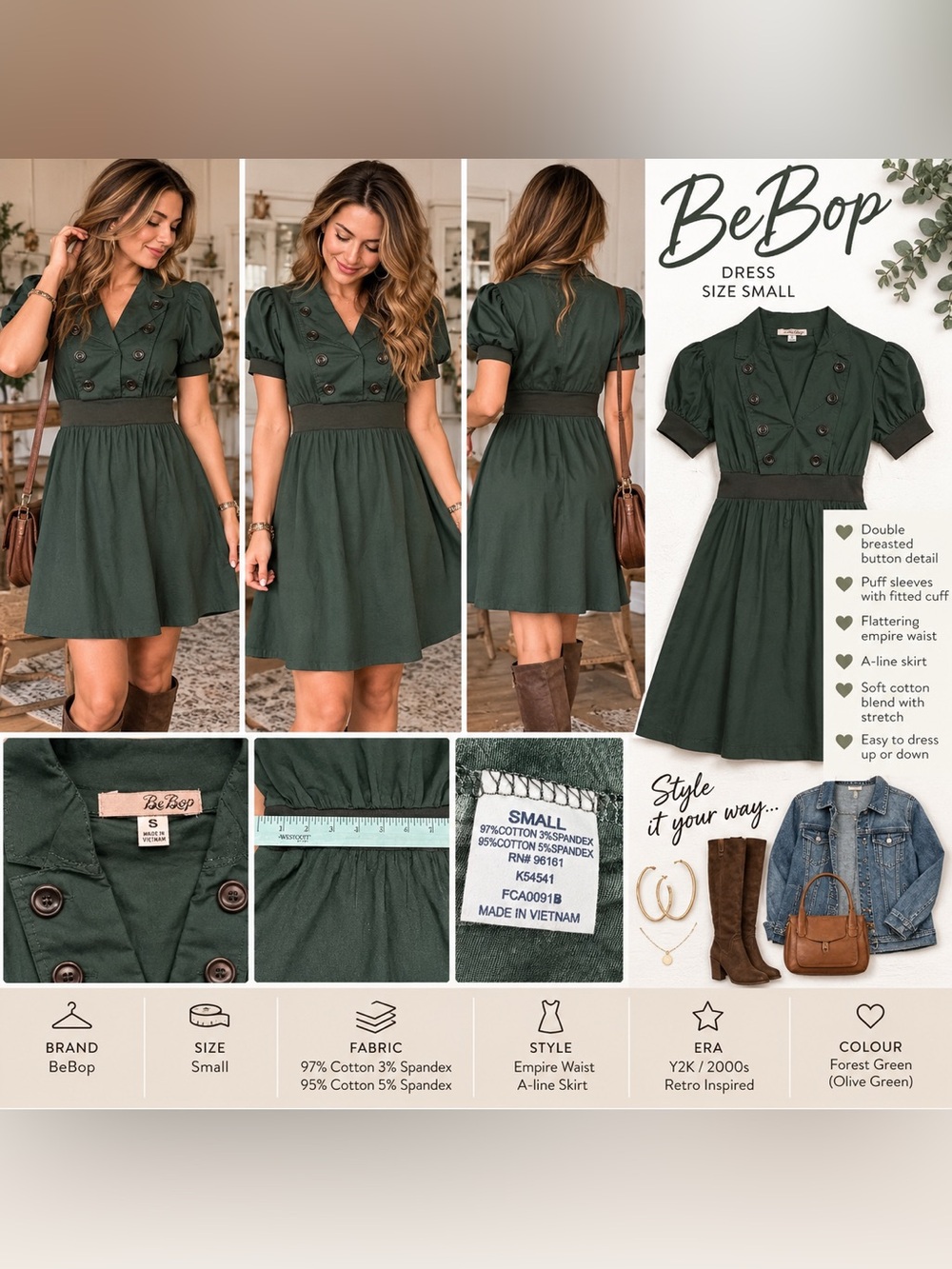 Green mini dress “Annie” style, capped sleeves , v neck sz small,